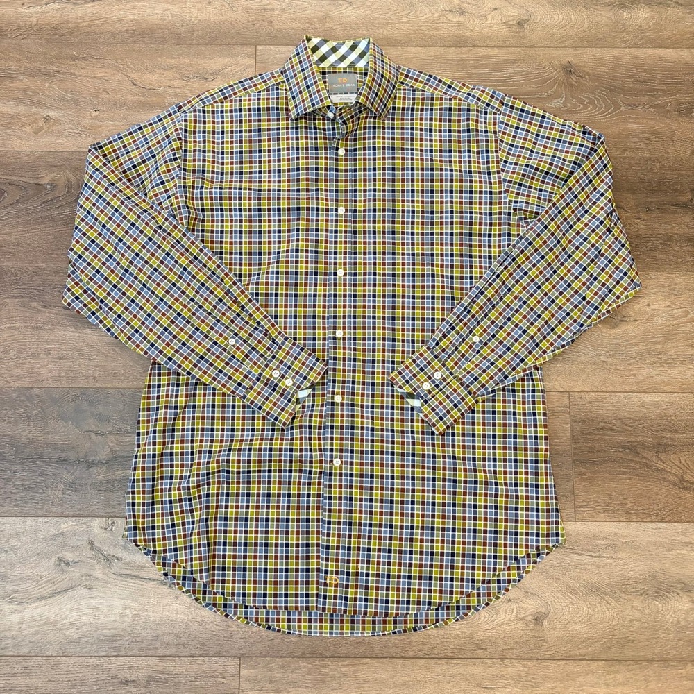 Thomas Dean Button Down Shirt Mens L Multicolor Pima Cotton Plaid Checkered Grid